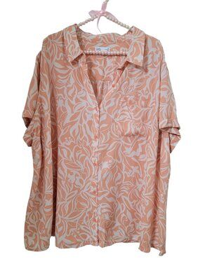 Croft & Barrow Size 3X Peachy-Orange & White Tropical Button Down Shirt